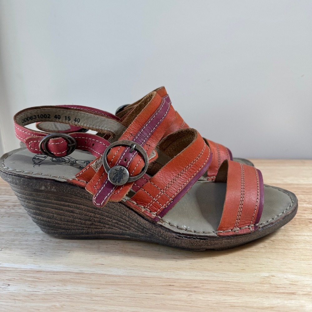 FLY London Salm Wedge Sandals Size 9.5 Strappy Slingback Rust Red Purple
